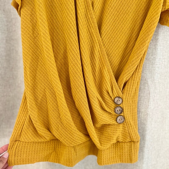 Mustard faux wrap waffle blouse with buttons - Picture 4 of 9